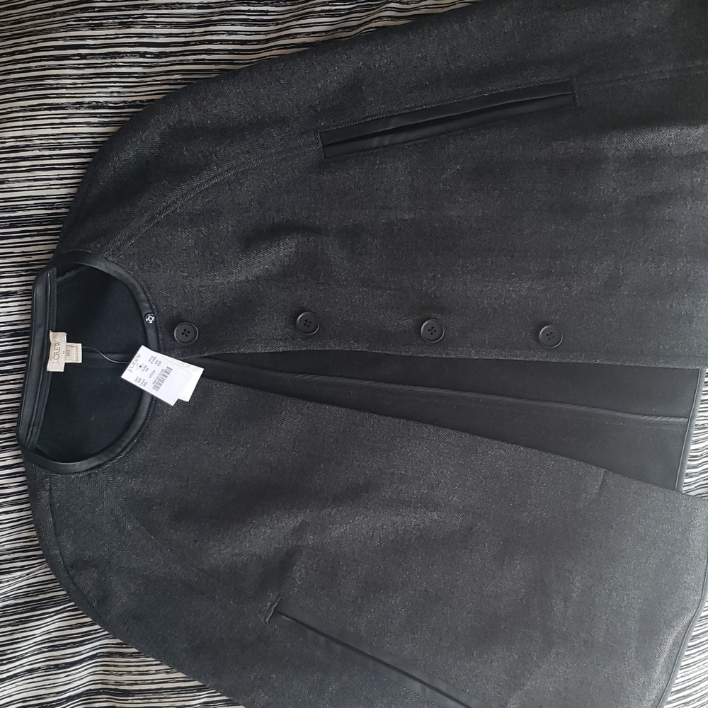 J. Crew grey houbdstooth wool cape with leather trim, NWT